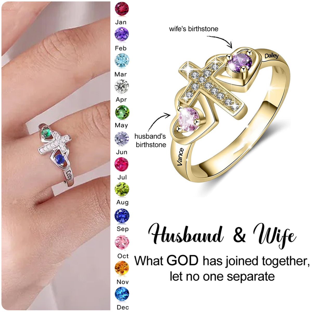 For Love-Husband & Wife Custom Names & Birthstones Cross Ring