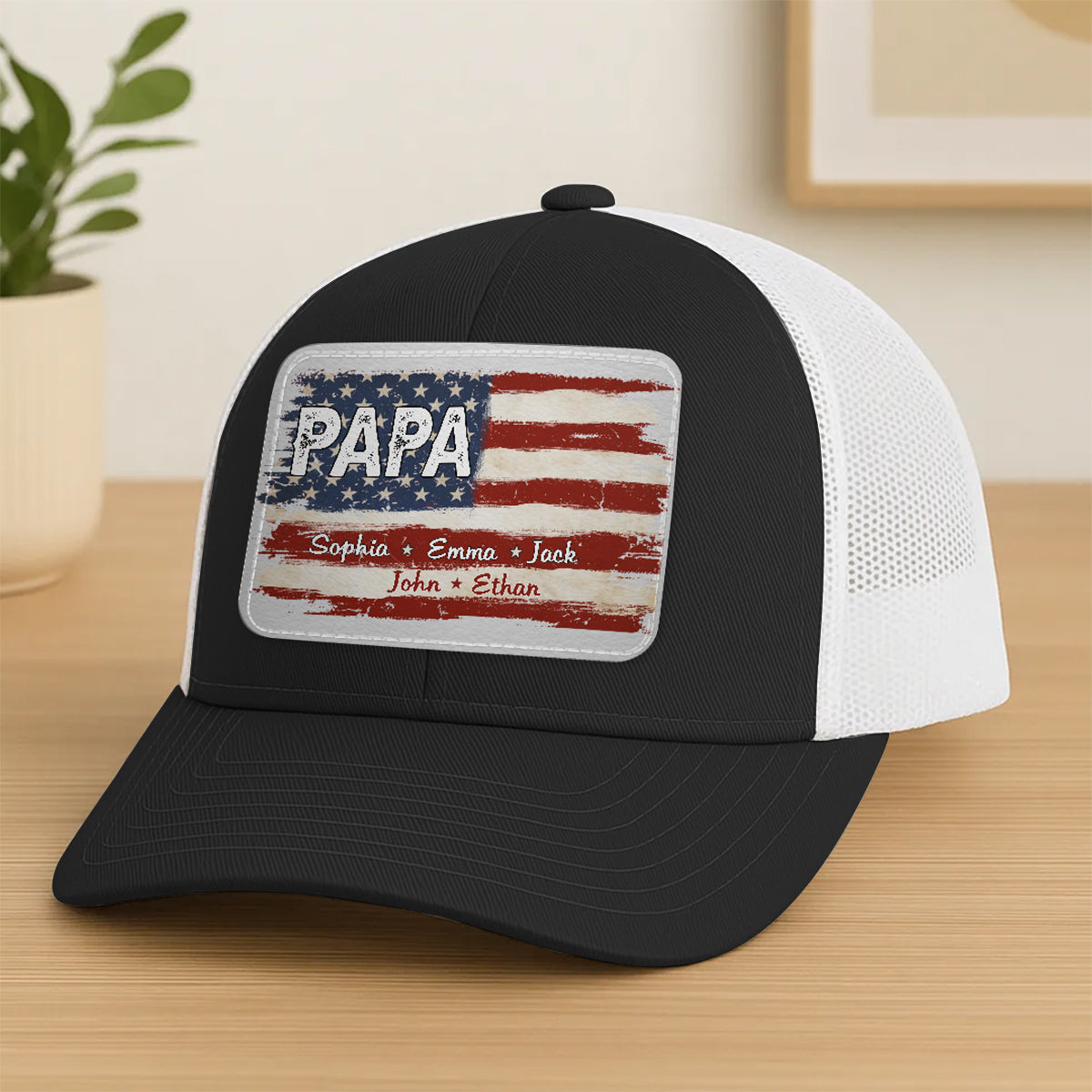 Family First Always - Personalized Leather Patch Mesh Cap - Gift For Dad, Grandpa