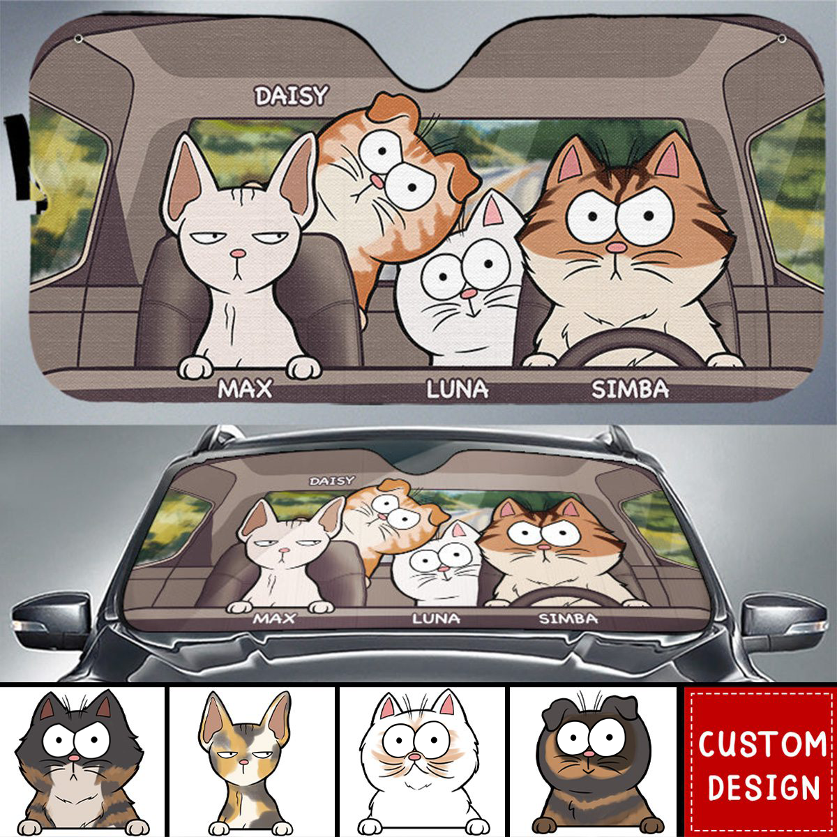 Cat's Trip - Cat Personalized Custom Auto Windshield Sunshade, Car Window Protector - Gift For Pet Owners