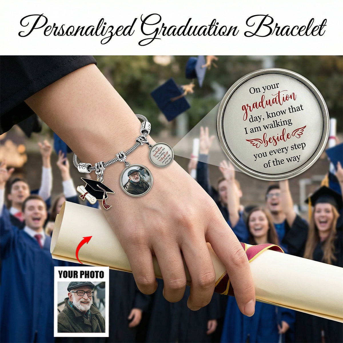 Graduation Walking Beside You Every Step - Personalized Memorial Bracelet With Photo Charms