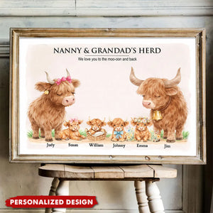 Nanny & Grandad's Herd Highland Cow Family-Personalised Poster-Gift for Grandma, Grandpa
