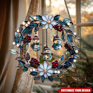 Personalized Snowman Family Acrylic Suncatcher Wreath - Christmas Faux Stained Glass Winter Window Hanging