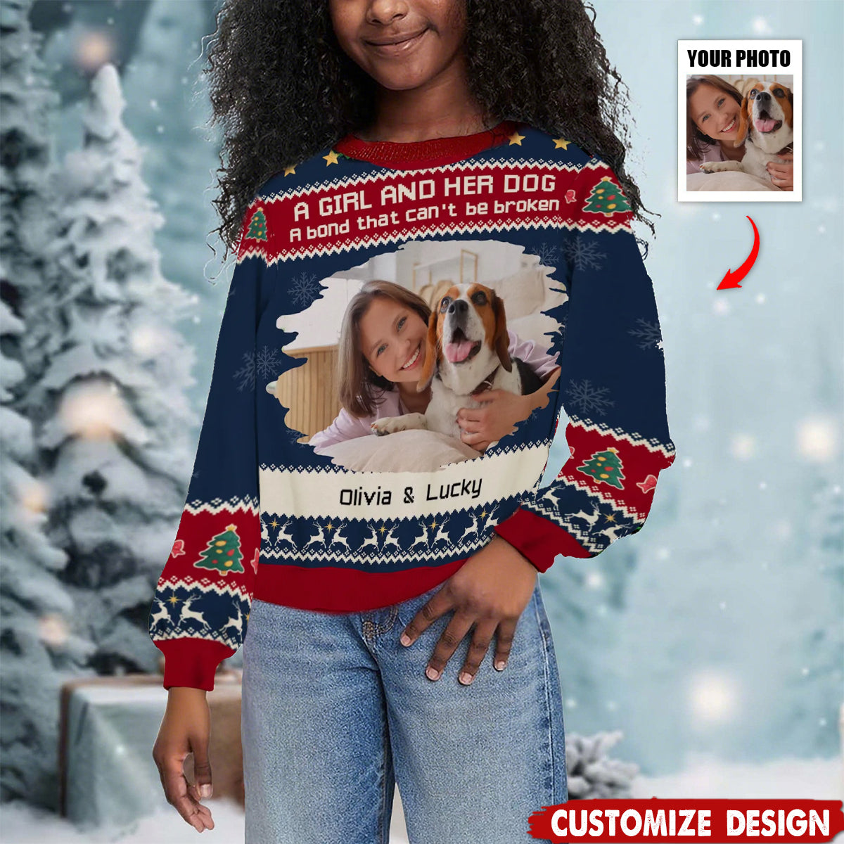 A Man/Girl And His Dog Christmas Photo - Personalized Custom All-Over-Print Sweatshirt