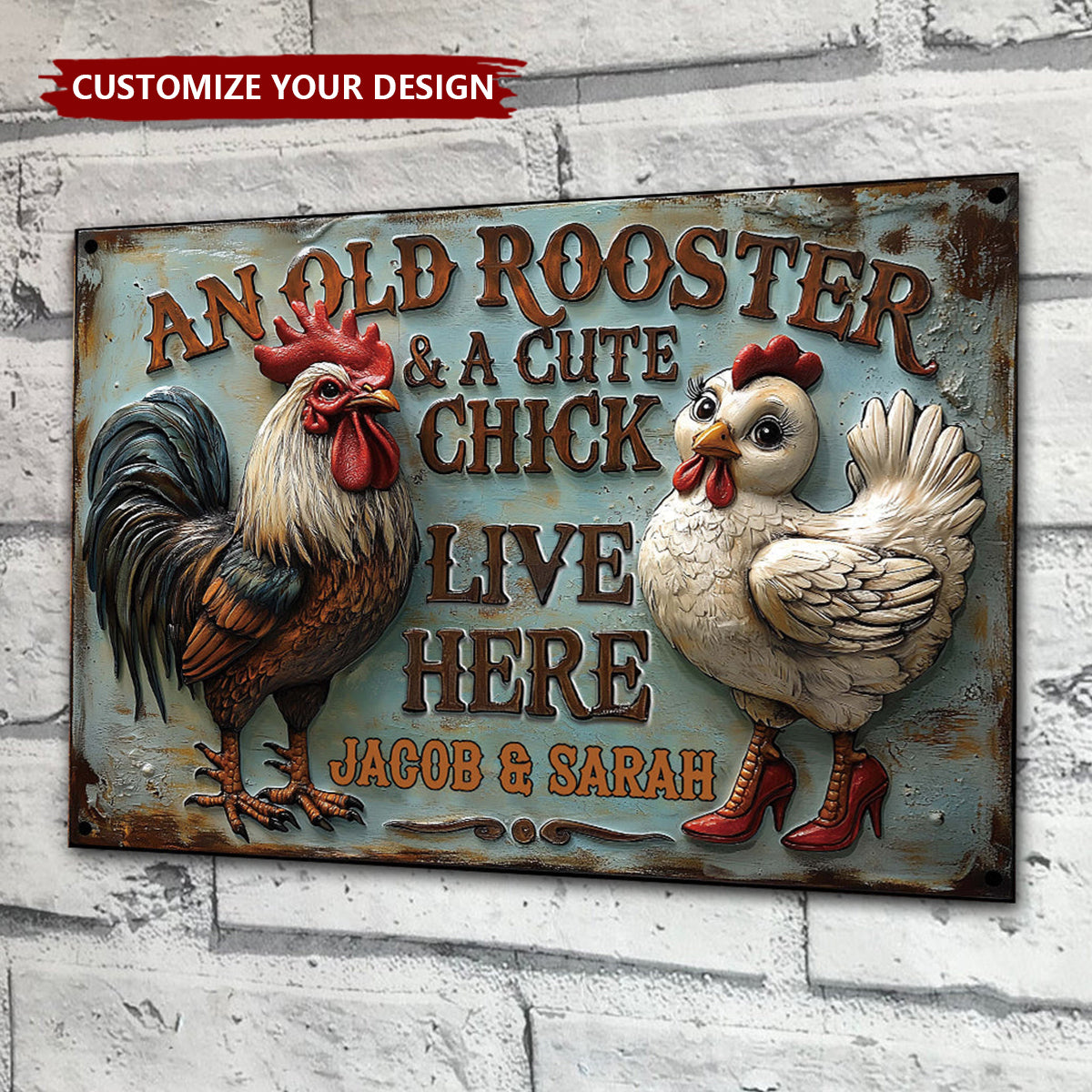 An Old Rooster & A Cute Chick Live Here - Personalized Farmer Rectangle Metal Sign