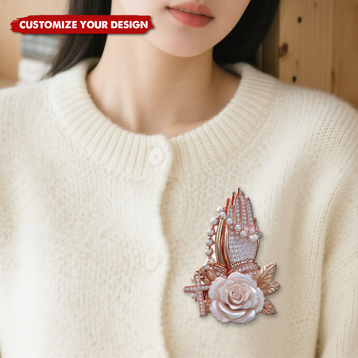 Praying Hands With Roses - Personalized Christian Pin