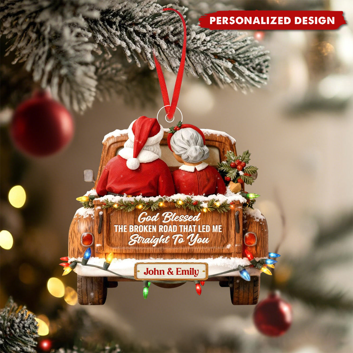 God Blessed The Broken Road-Personalized Santa Couple Christmas Ornament