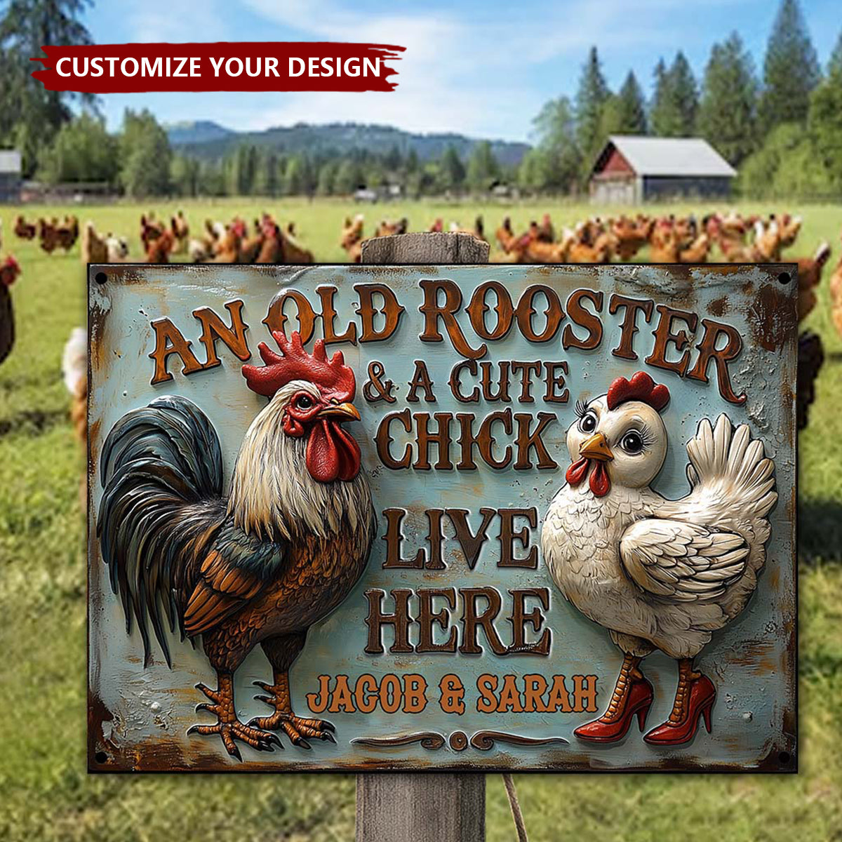 An Old Rooster & A Cute Chick Live Here - Personalized Farmer Rectangle Metal Sign