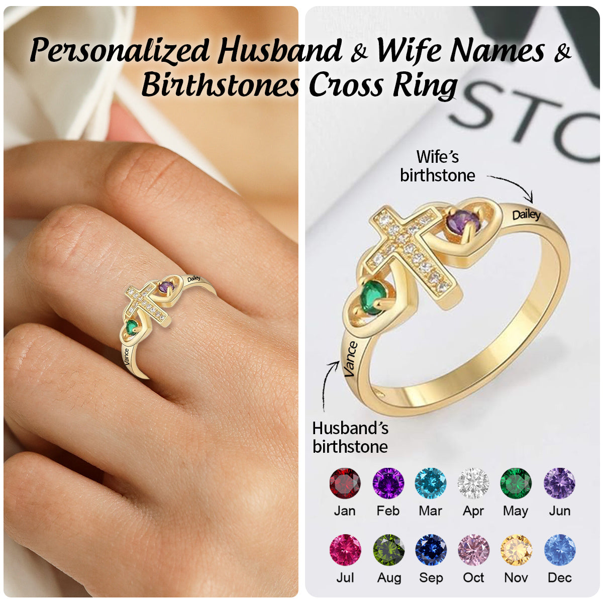 For Love-Husband & Wife Custom Names & Birthstones Cross Ring