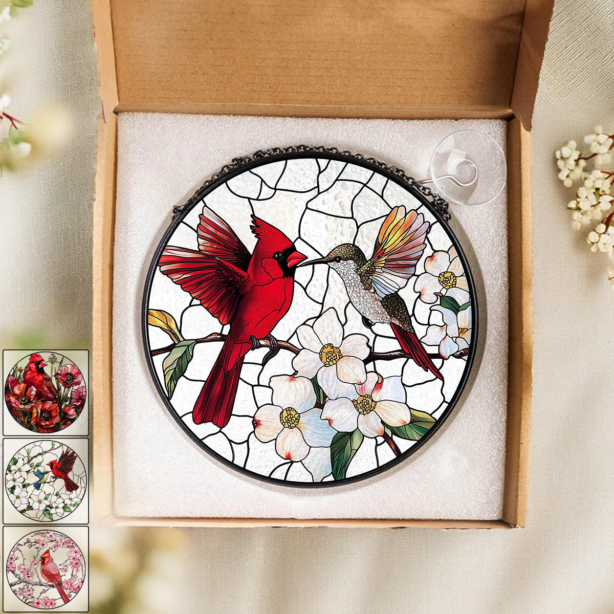 Cardinal&Hummingbird Stained Glass Suncatcher Window Hangings-Memorial Gift