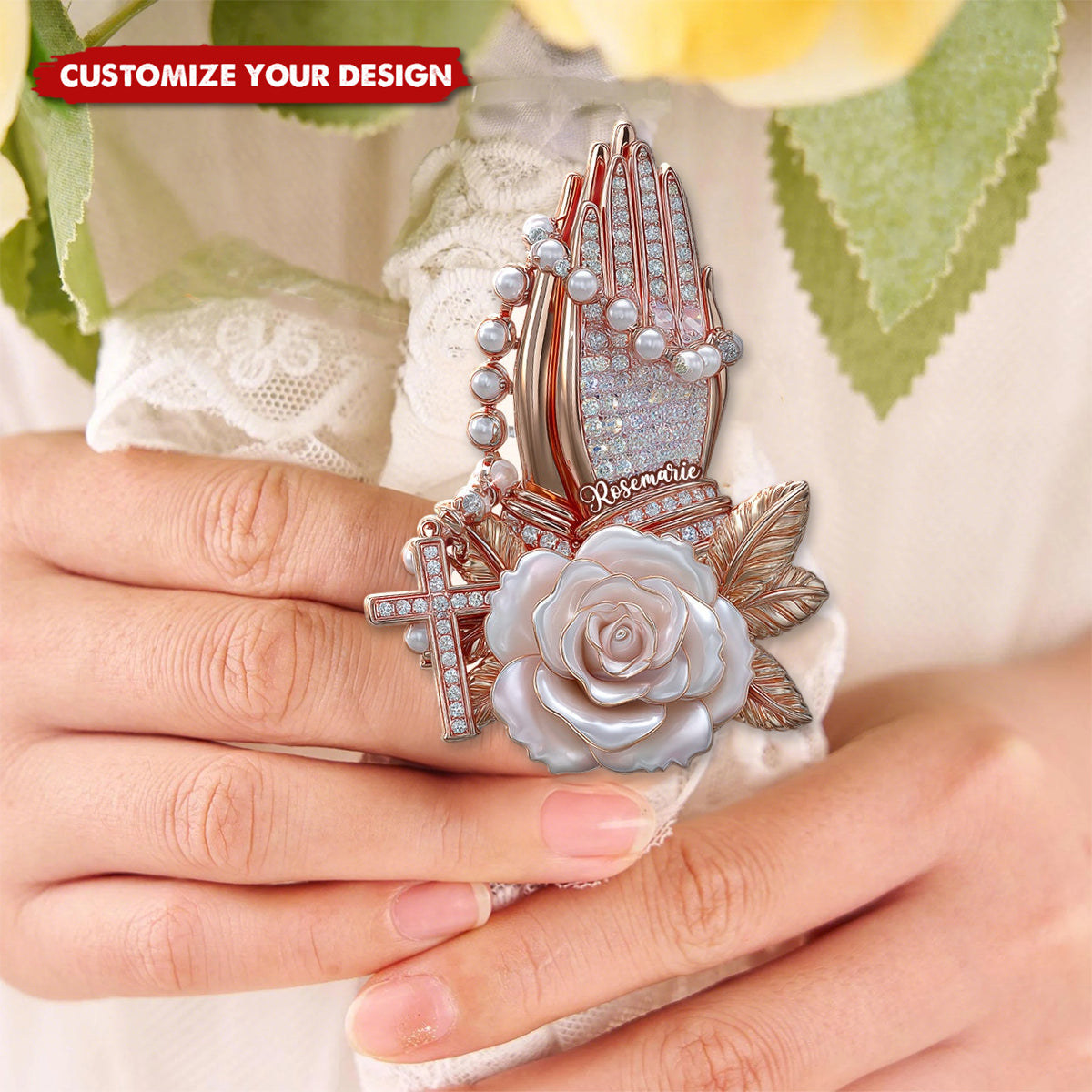 Praying Hands With Roses - Personalized Christian Pin