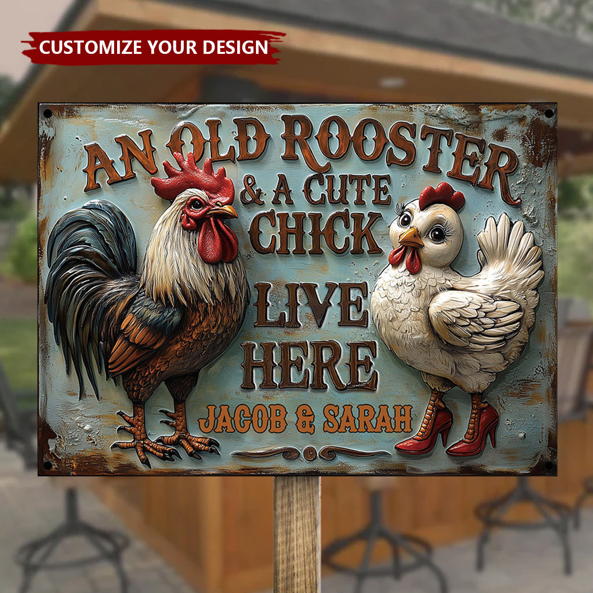 An Old Rooster & A Cute Chick Live Here - Personalized Farmer Rectangle Metal Sign