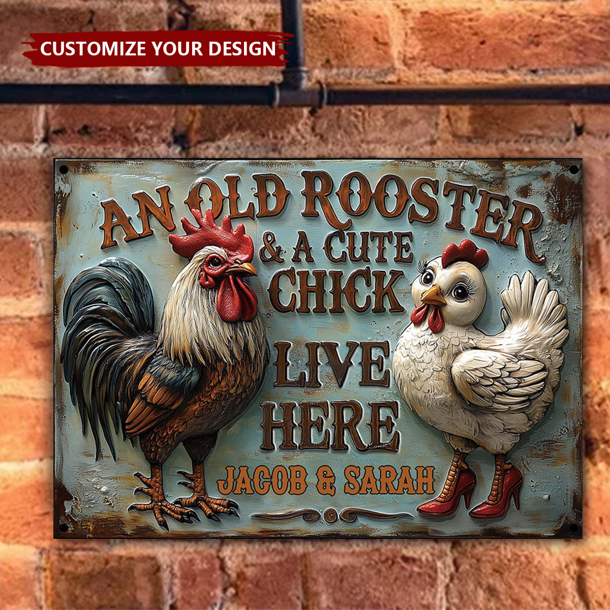 An Old Rooster & A Cute Chick Live Here - Personalized Farmer Rectangle Metal Sign
