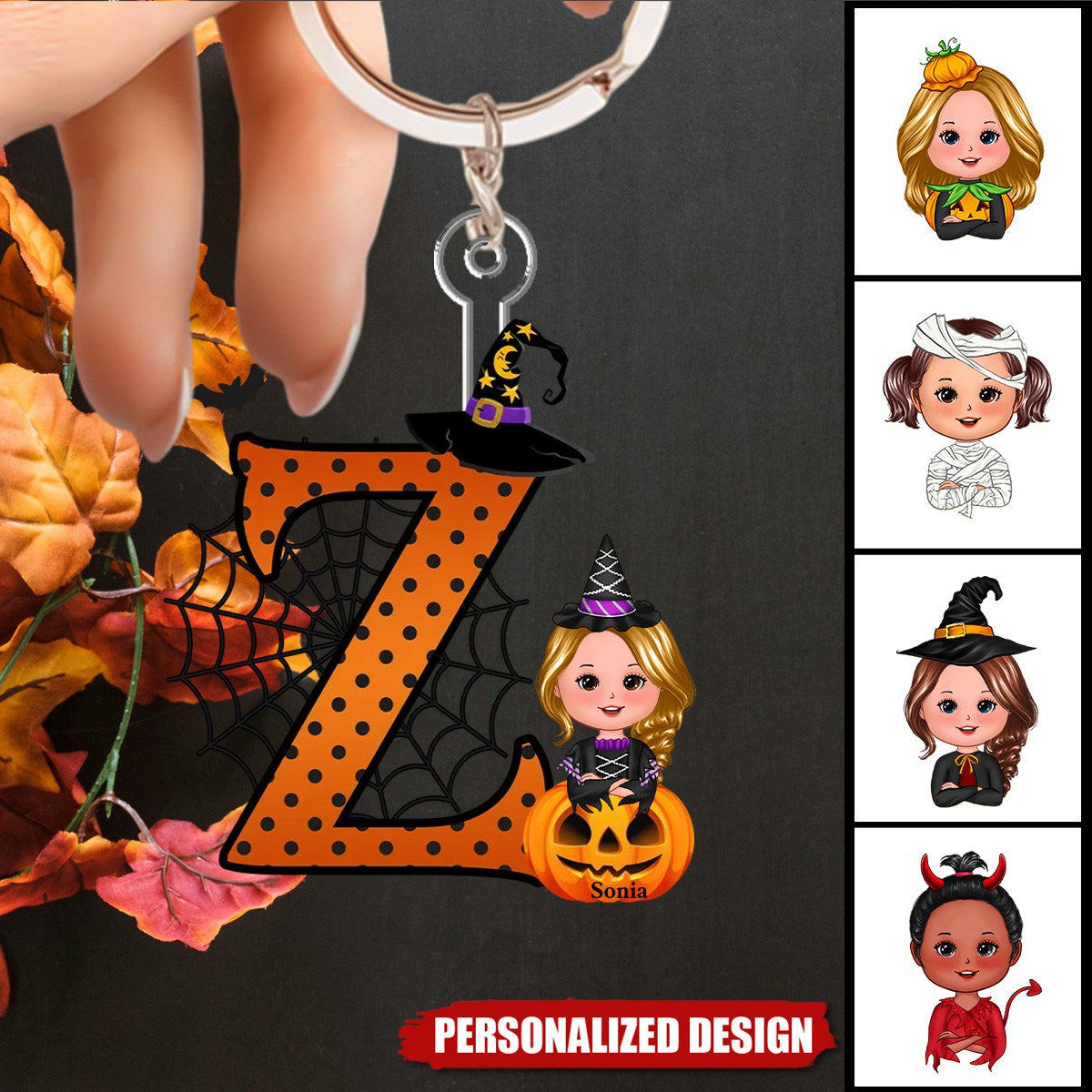 Personalized Cartoon Character Pumpkin Keychain with Initial & Name Halloween Party Favors Gift for Kids