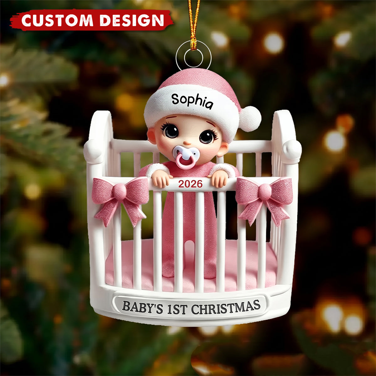 Personalized Baby Inside Crib 3D Effect Baby's First Christmas Ornament