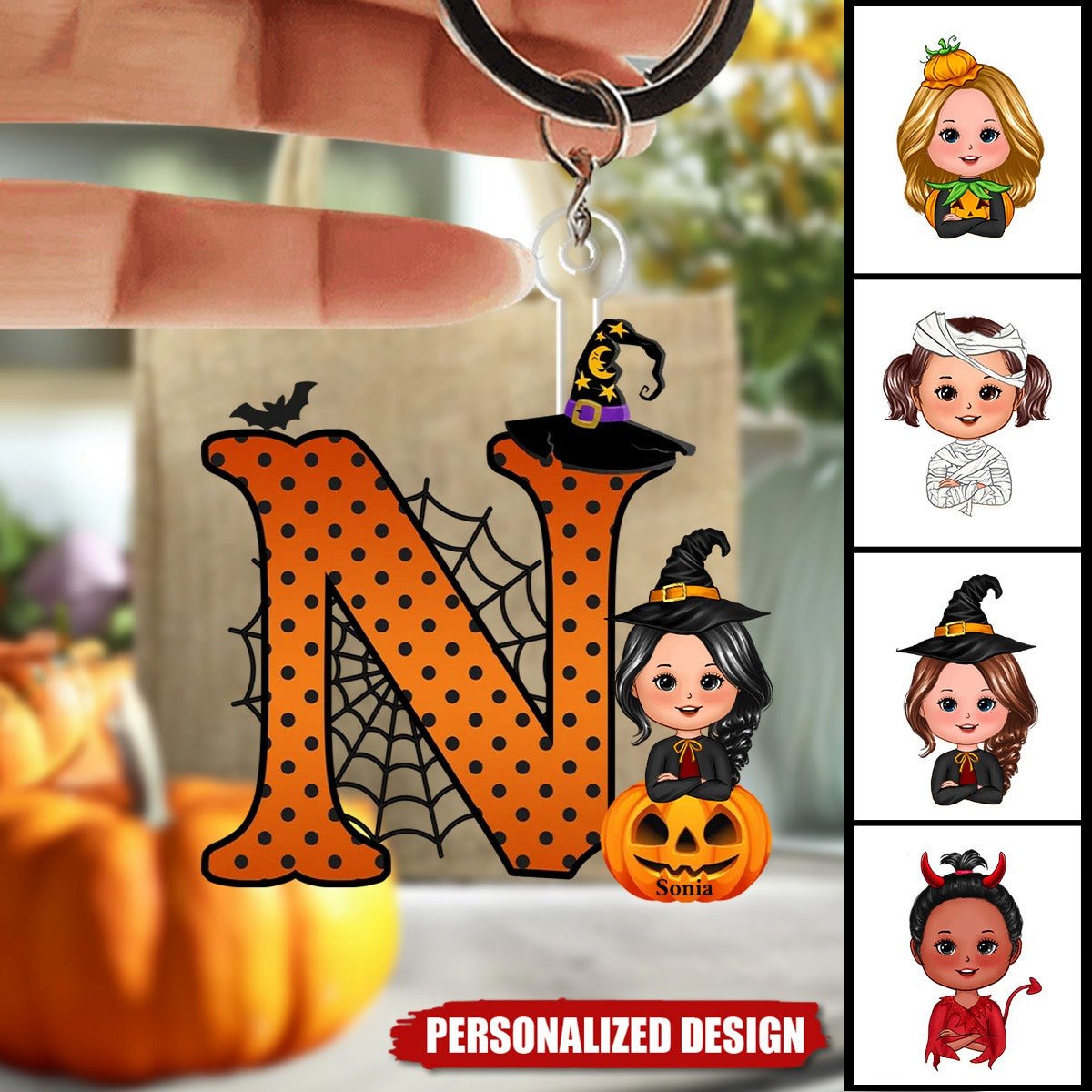 Personalized Cartoon Character Pumpkin Keychain with Initial & Name Halloween Party Favors Gift for Kids