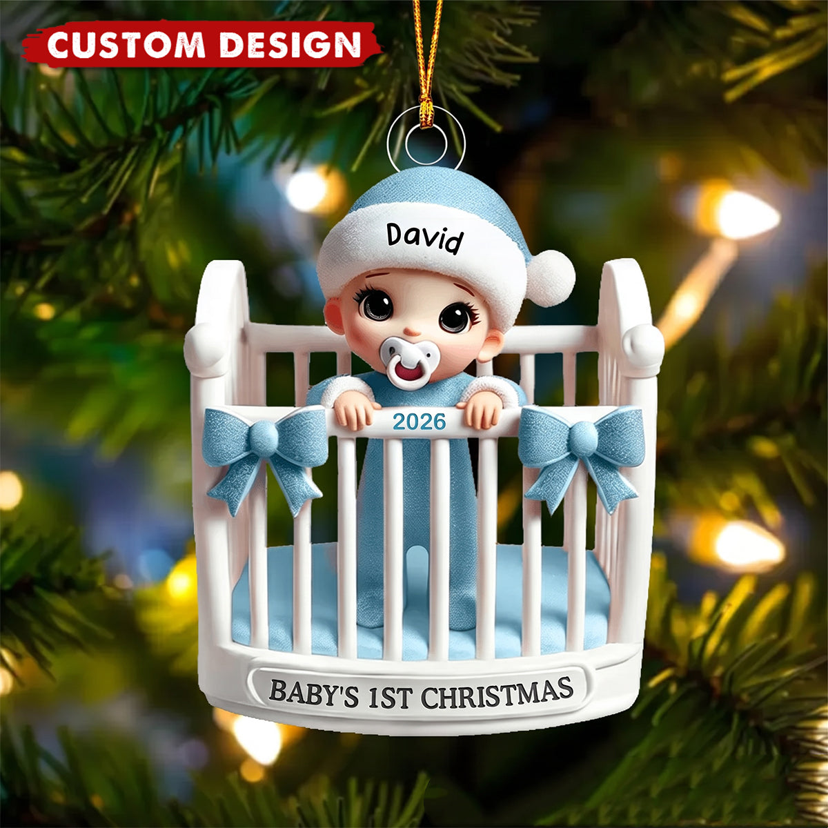 Personalized Baby Inside Crib 3D Effect Baby's First Christmas Ornament