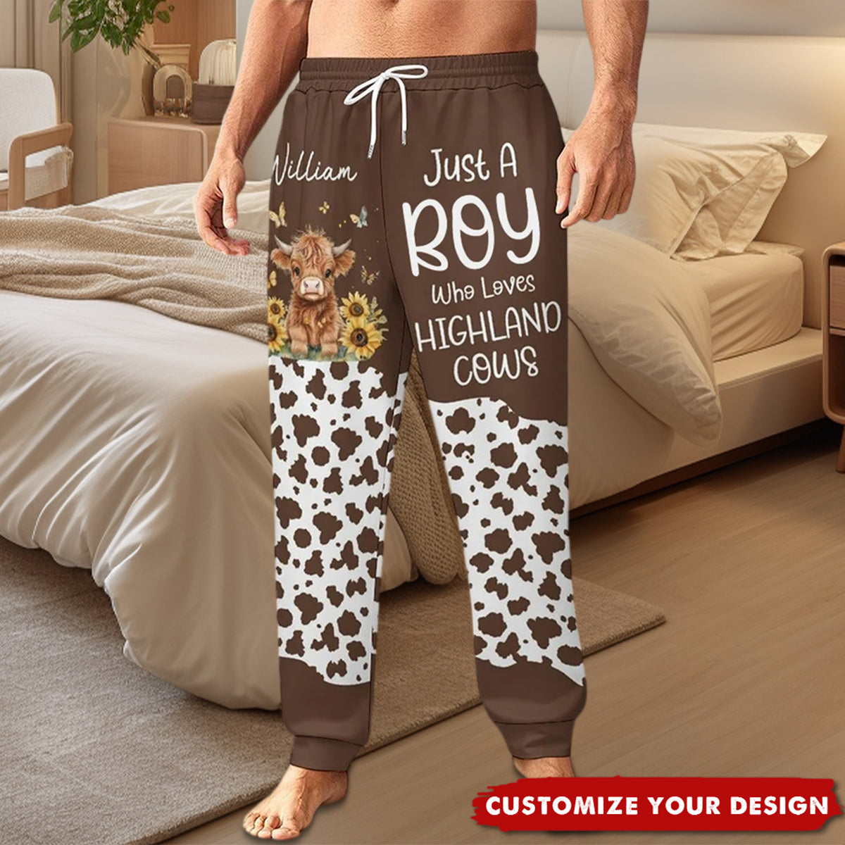 Personalized Highland Cow Soft Woman's Man's Sweatpants with Name and Drawstring Leisure Wear Birthday Gift for Highland Cow Lover
