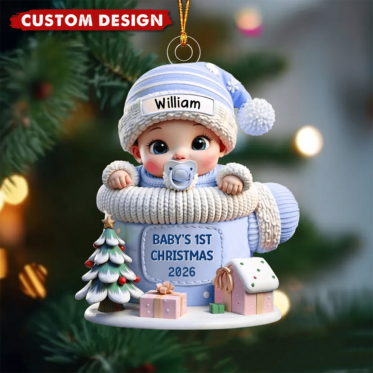 Baby In Mitten Baby's First Christmas Personalized Acrylic Flat Ornament