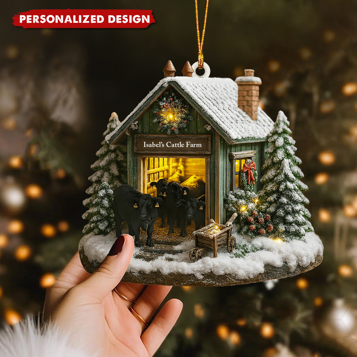 Personalized Farmhouse Christmas Barn and Cattle, Custom Wood Ornament, Gift For Farmers and Ranchers
