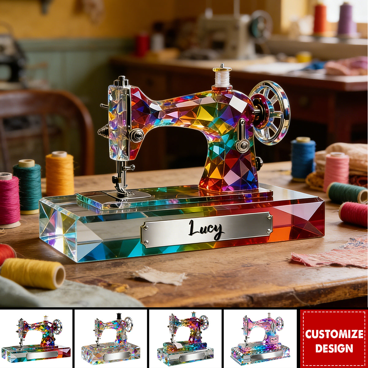Personalized Stained Glass Effect Sewing Machine Acrylic Plaque - Gift For A Tailor