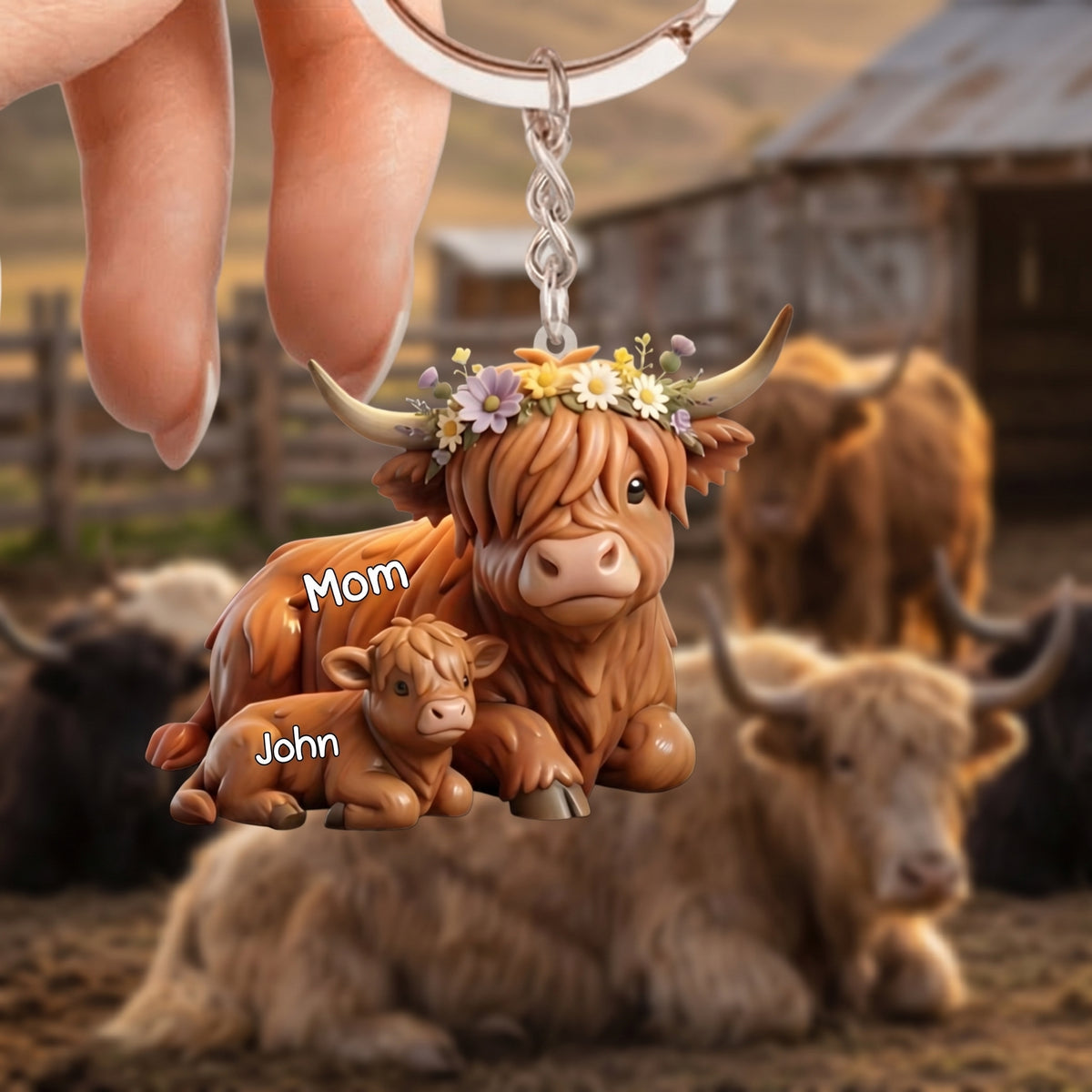 Personalized Highland Cow Herd Mama Acrylic Keychain - Gifts For Mom Grandma