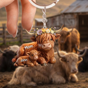 Personalized Highland Cow Herd Mama Acrylic Keychain - Gifts For Mom Grandma