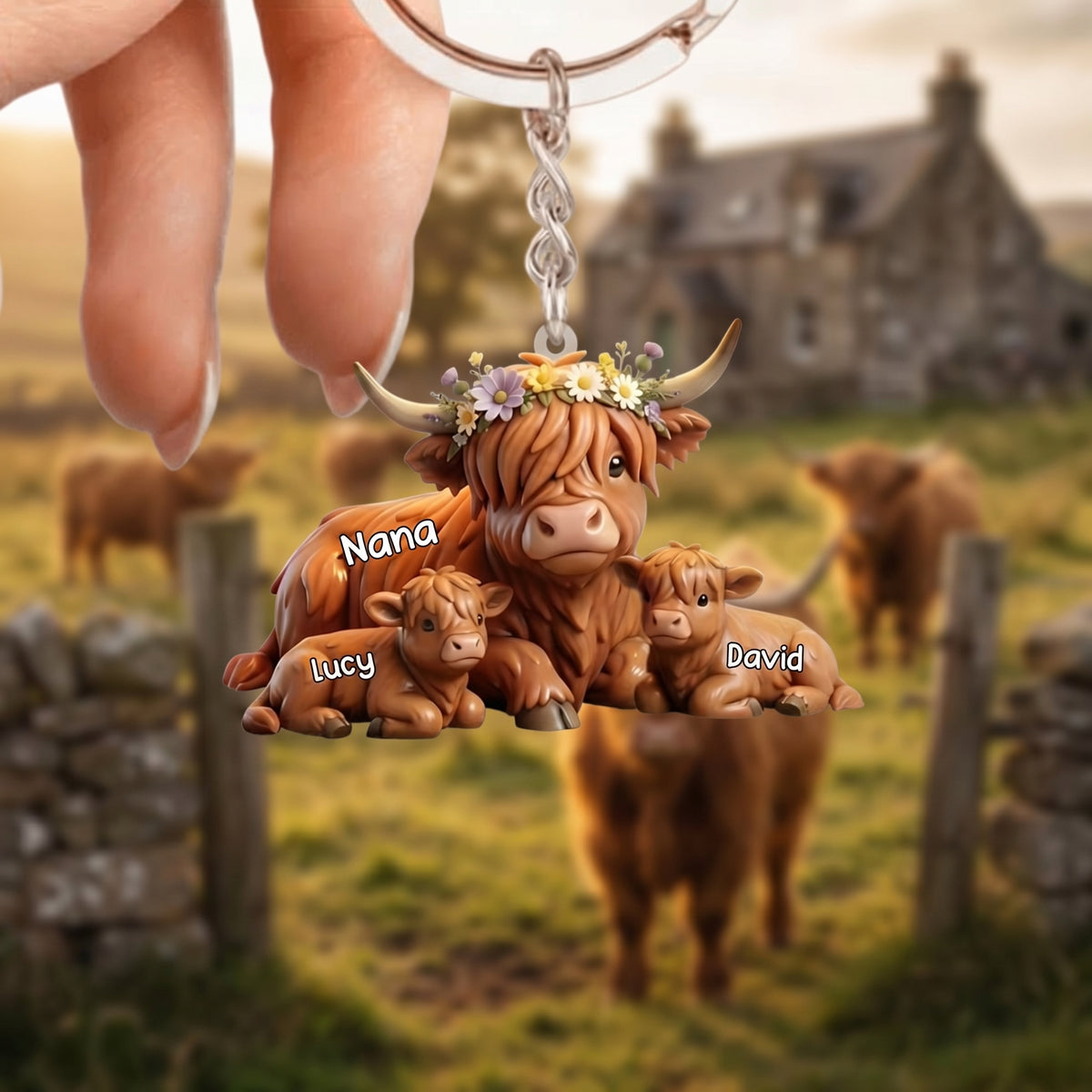 Personalized Highland Cow Herd Mama Acrylic Keychain - Gifts For Mom Grandma