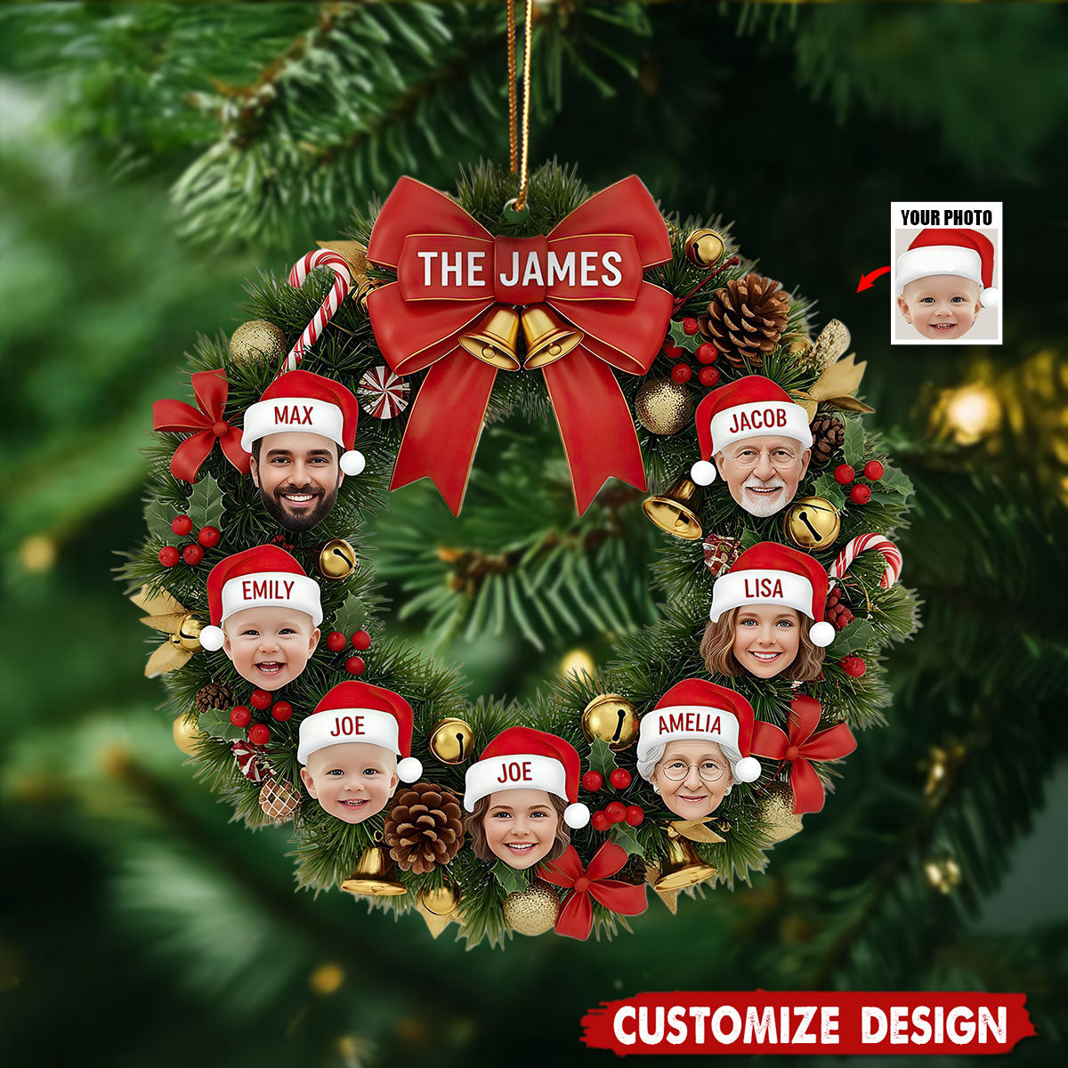 Personalized Christmas Wreath Family Picture Ornament - Gift For Family