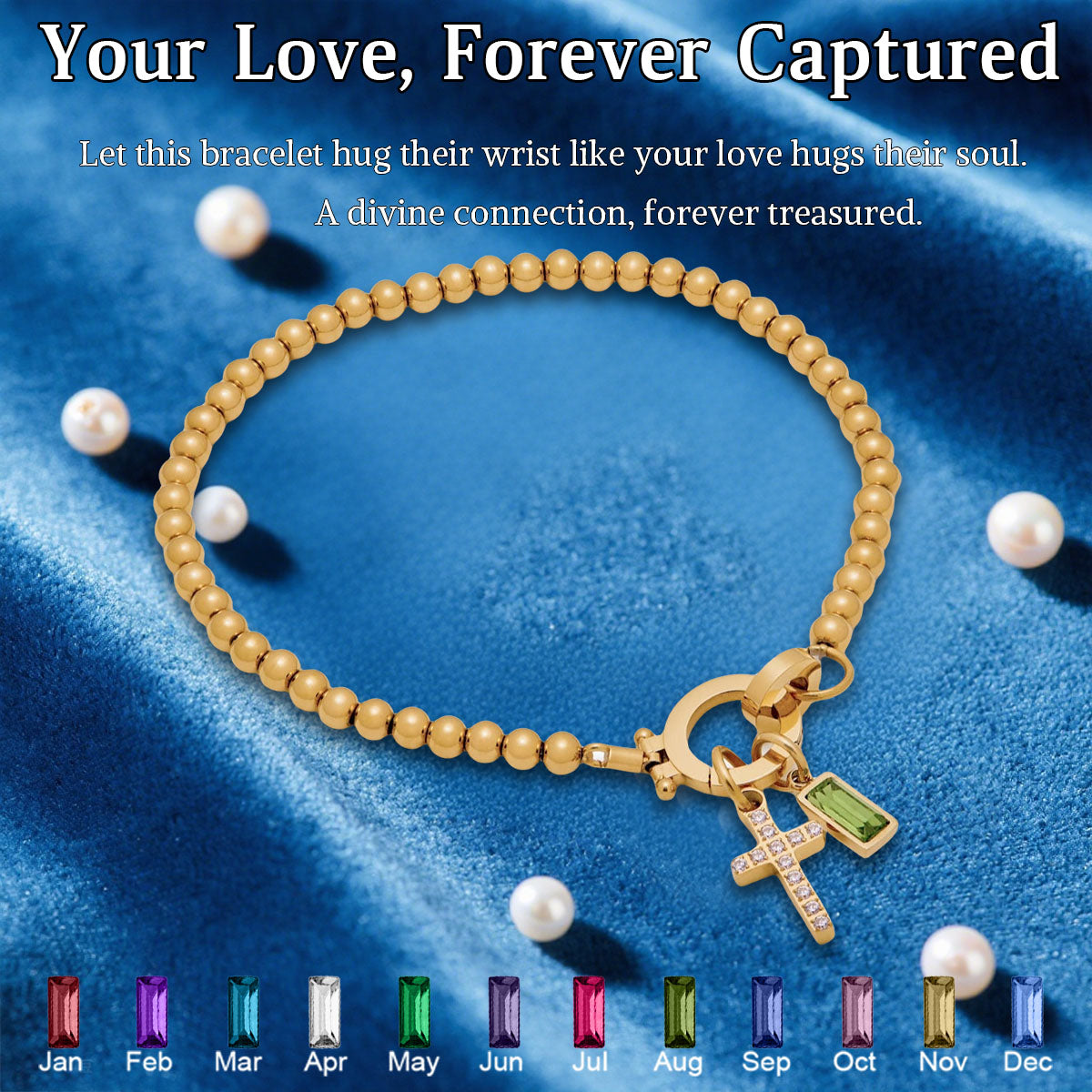 BEADED BIRTHSTONE CROSS CHARM BRACELET