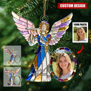 Personalized stained glass angel flute themed photo ornament