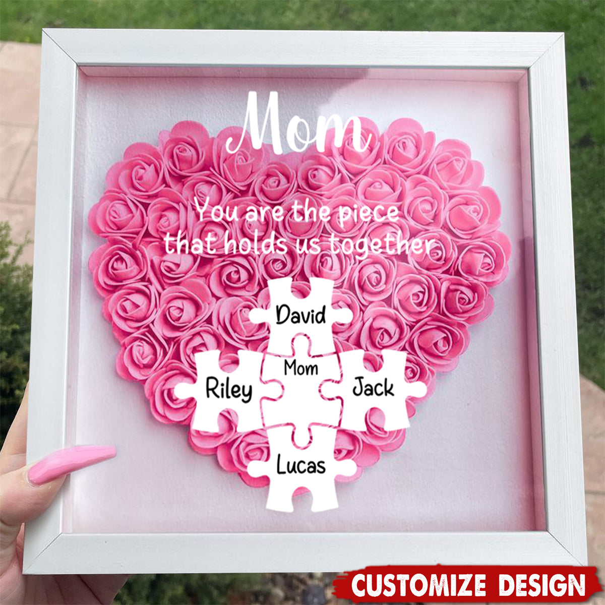 Personalized Mom Puzzle With Kids Names Heart Flower Shadow Box-Mother's Day Gift