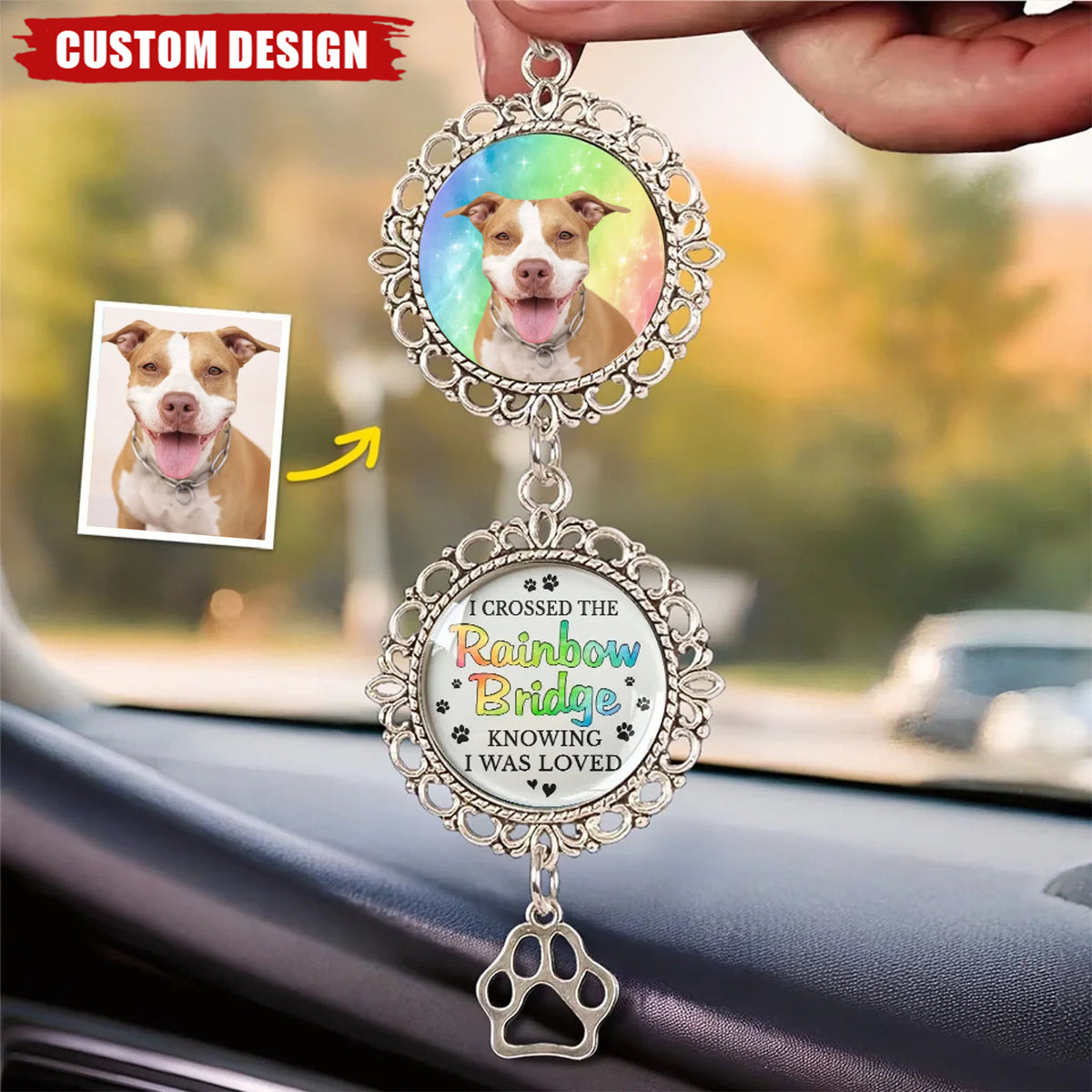 A Piece Of My Heart Is At The Rainbow Bridge - Personalized Metal Car Hanging Ornament With Charm - Sympathy Gift For Pet Owners, Pet Lovers