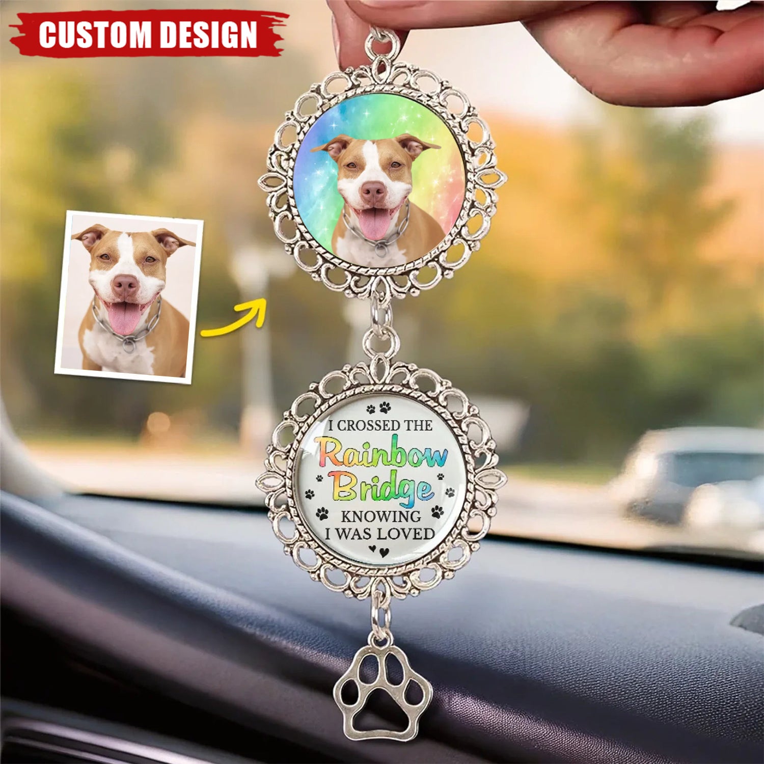 A Piece Of My Heart Is At The Rainbow Bridge - Personalized Metal Car Hanging Ornament With Charm - Sympathy Gift For Pet Owners, Pet Lovers