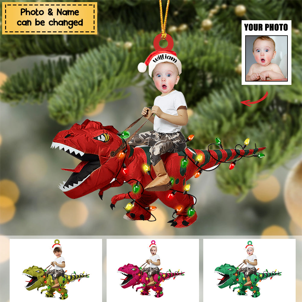 Personalized Cute Kid Rides The Dinosaurus Christmas Light Ornament