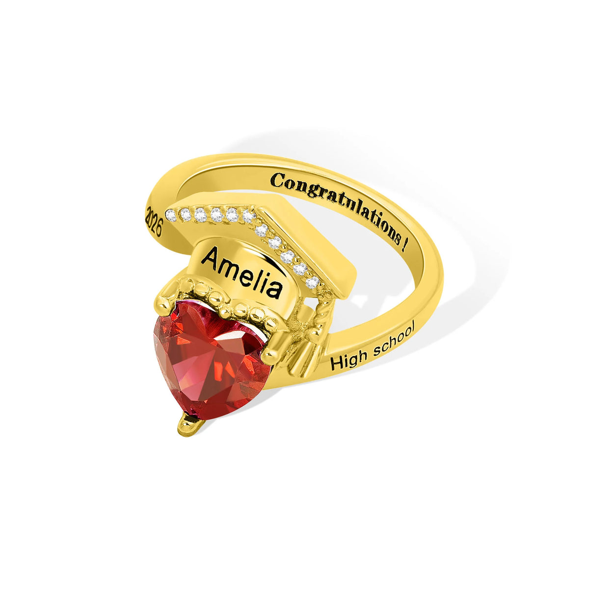 Personalized Zircon Grad Cap Heart Birthstone Ring - Dainty Jewelry Birthday Graduation Gift for Women Graduates