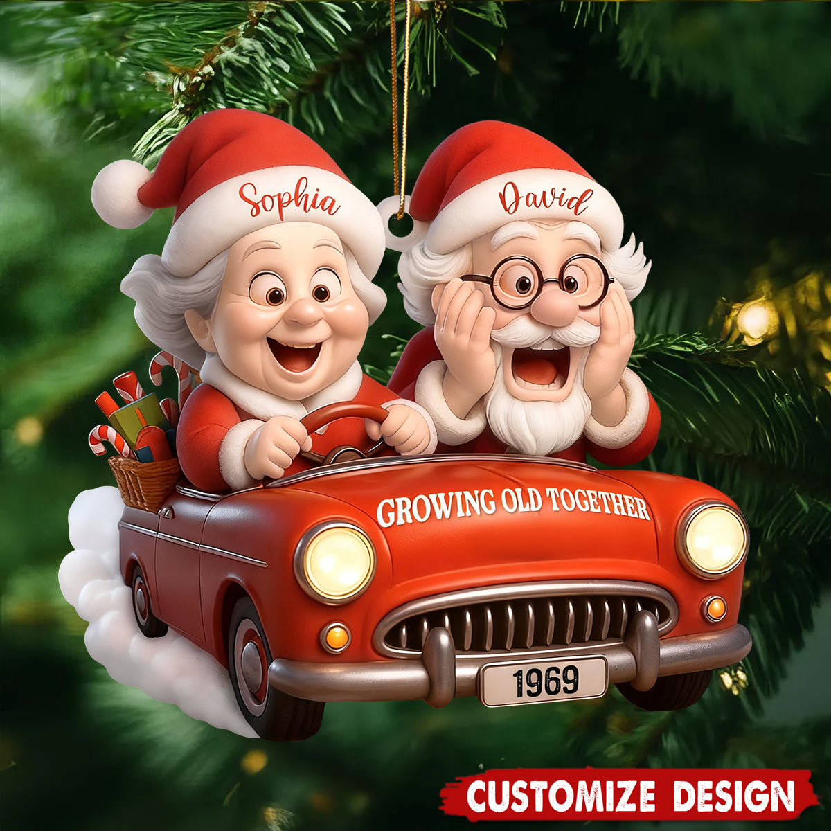 Personalized Growing Old Together Santa Car Christmas Ornament -  Gift for Married Couple