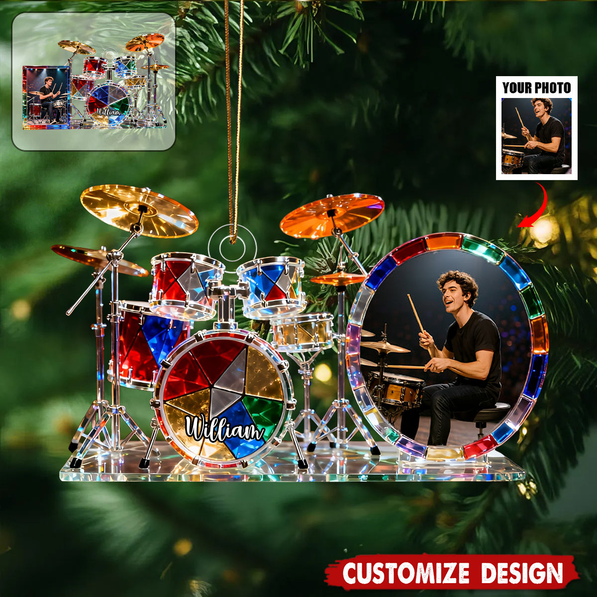 Personalized stained glass drum set themed photo ornament