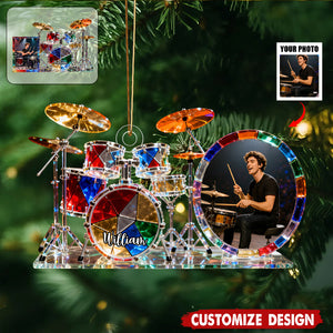 Personalized stained glass drum set themed photo ornament