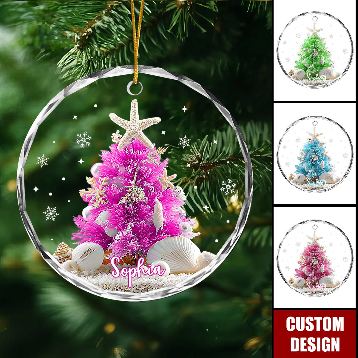 Personalized Sea Theme Christmas Ornament, Coastal Blue Tree With Seashells & Starfish