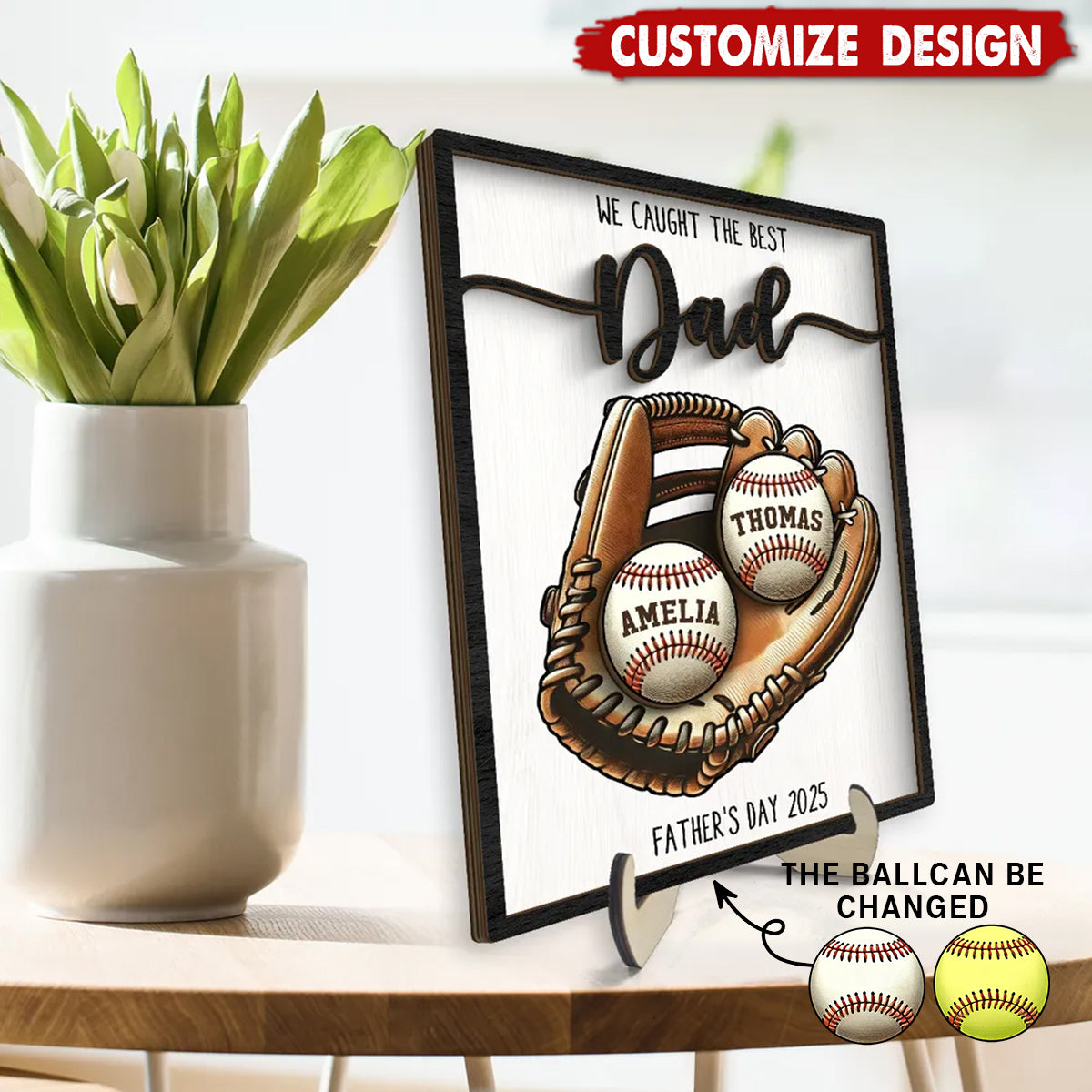 Personalized 2-Layered Wooden Plaque, Father’s Day Gift We Caught The Best Dad Baseball, Softball