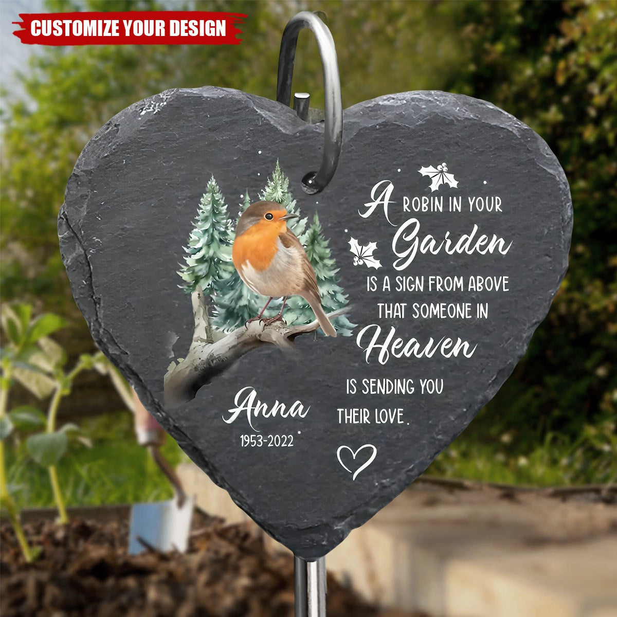 A Robin In Your Garden Is A Sign From Above - Personalized Garden Slate With Hook, Memorial Gift, Sympathy Gift