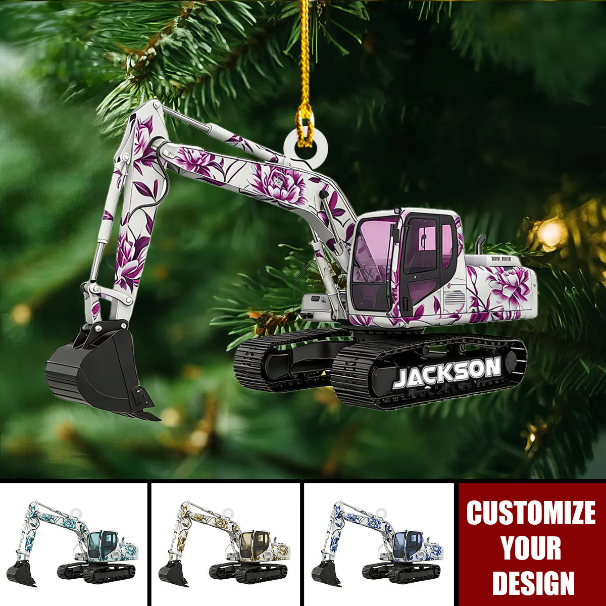 Personalized Excavator Toile De Jouy Christmas Ornament, Construction Truck Holiday Home Decor