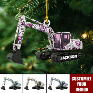 Personalized Excavator Toile De Jouy Christmas Ornament, Construction Truck Holiday Home Decor
