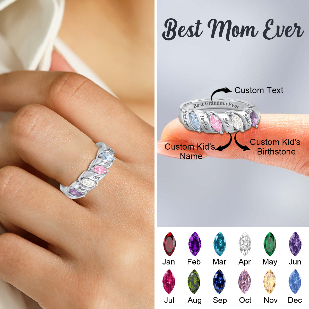 Personalized Spiral Marquise Row Ring
