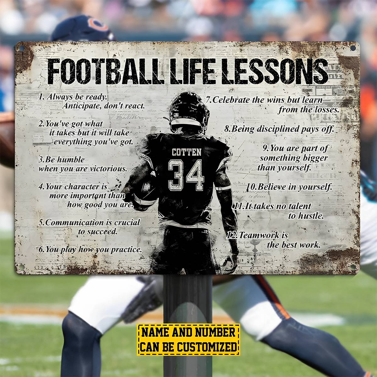 Personalized Football Man Metal Sign, Inspirational Football Life Lessons Sports Sign, Field Decor Gift For Football Lovers