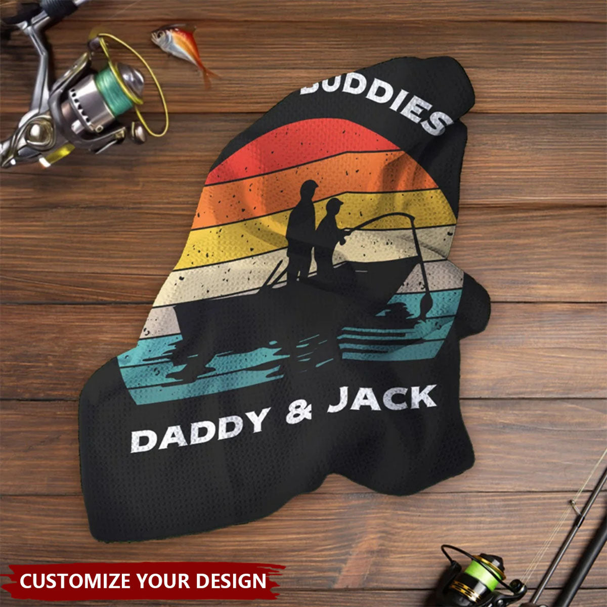 Personalized Fisherman 1-3 Kids Silhouette Soft Waffle Towel with Text and Hook Gift for Fishing Man Dad