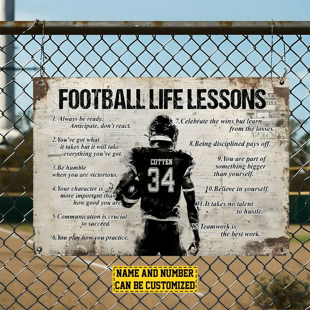 Personalized Football Man Metal Sign, Inspirational Football Life Lessons Sports Sign, Field Decor Gift For Football Lovers