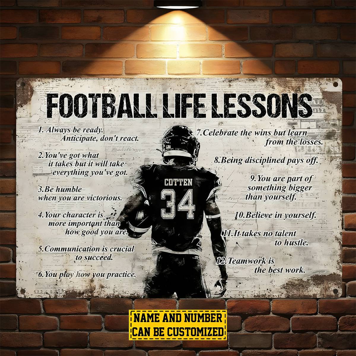 Personalized Football Man Metal Sign, Inspirational Football Life Lessons Sports Sign, Field Decor Gift For Football Lovers