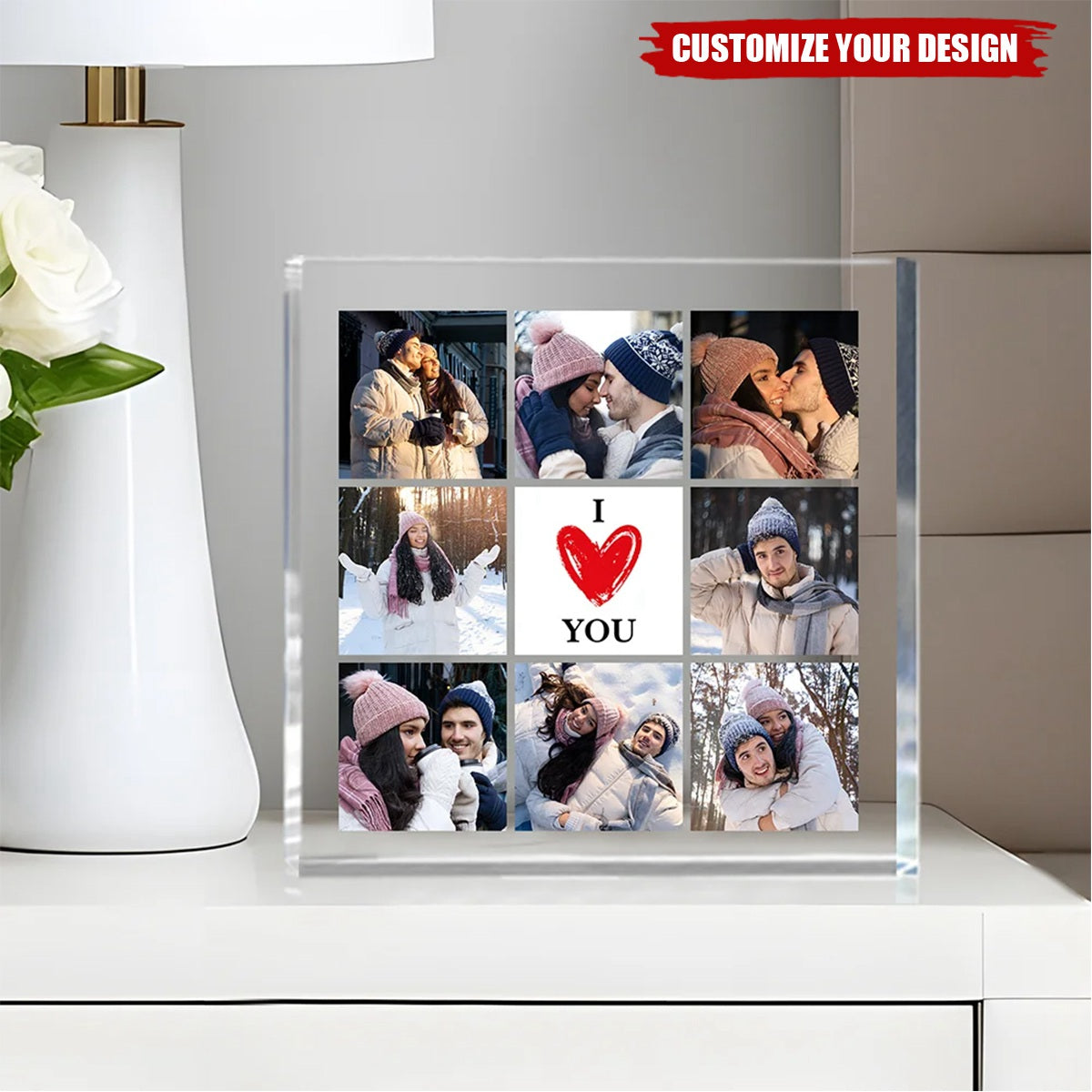 Personalised Heart I Love You 8 Photos Collage Square Acrylic Plaque Desk Decor Valentine's Day Anniversary Gift for Couple