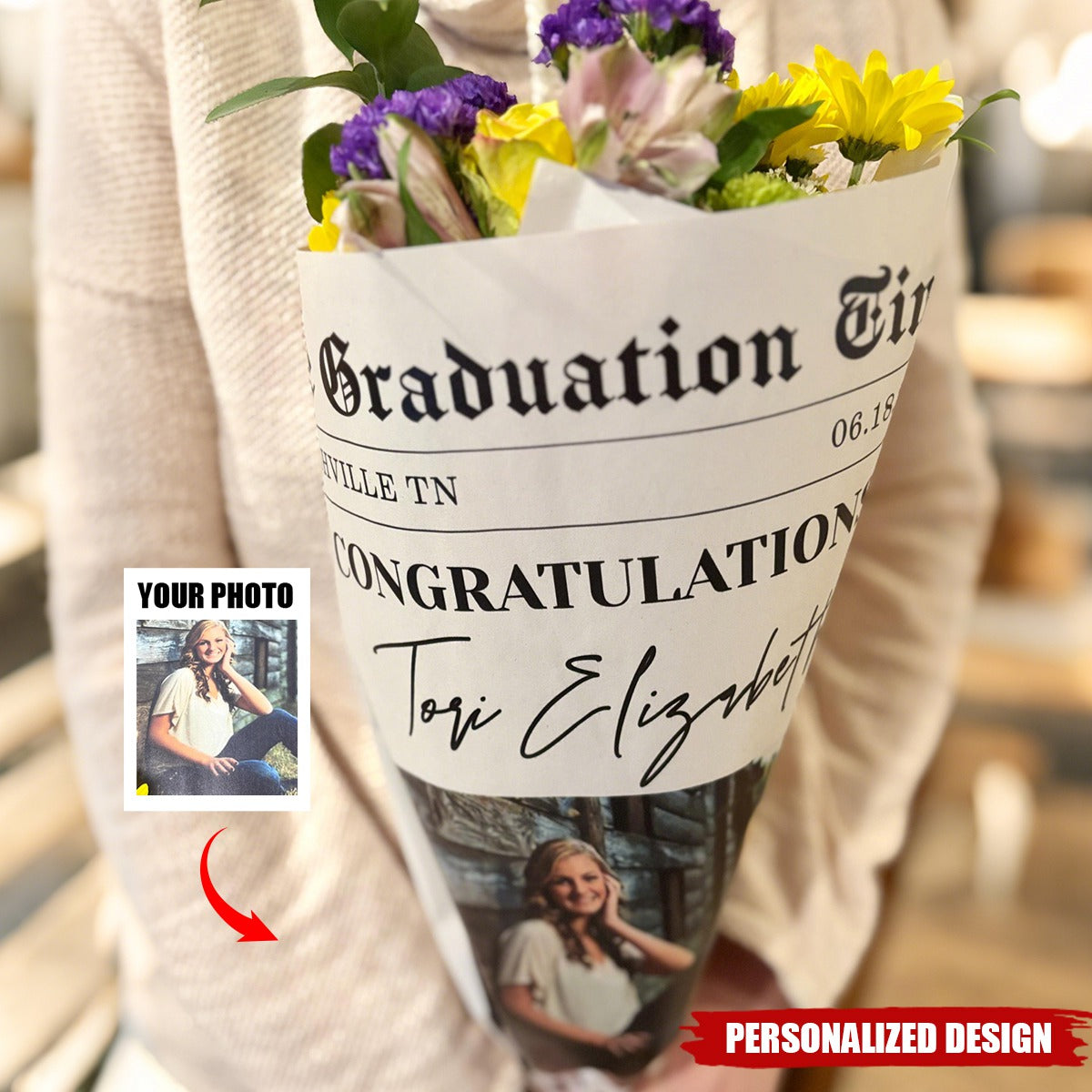 Personalized Printed Newspaper Bouquet Wrap-Graduation Gift, Class of 2025